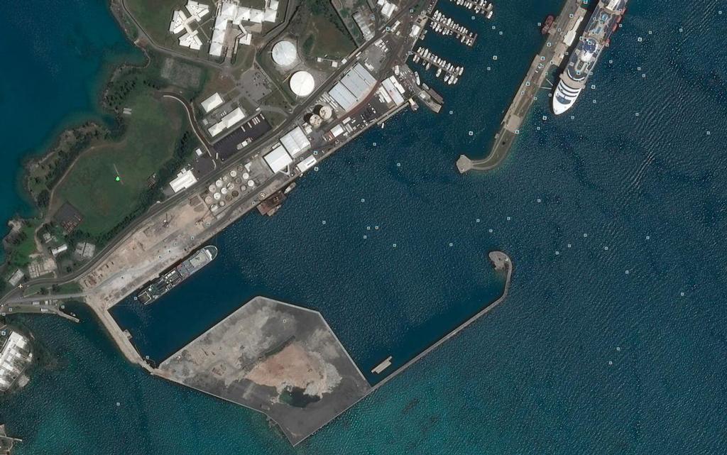 Royal Dockyard Bermuda -the majority of the bases were located on the left hand hand side. Team NZ was located on the reclaimed island along with the America's Cup Village. Cross Island itself (lower left corner) was 30,000 sq metres. © Google Earth